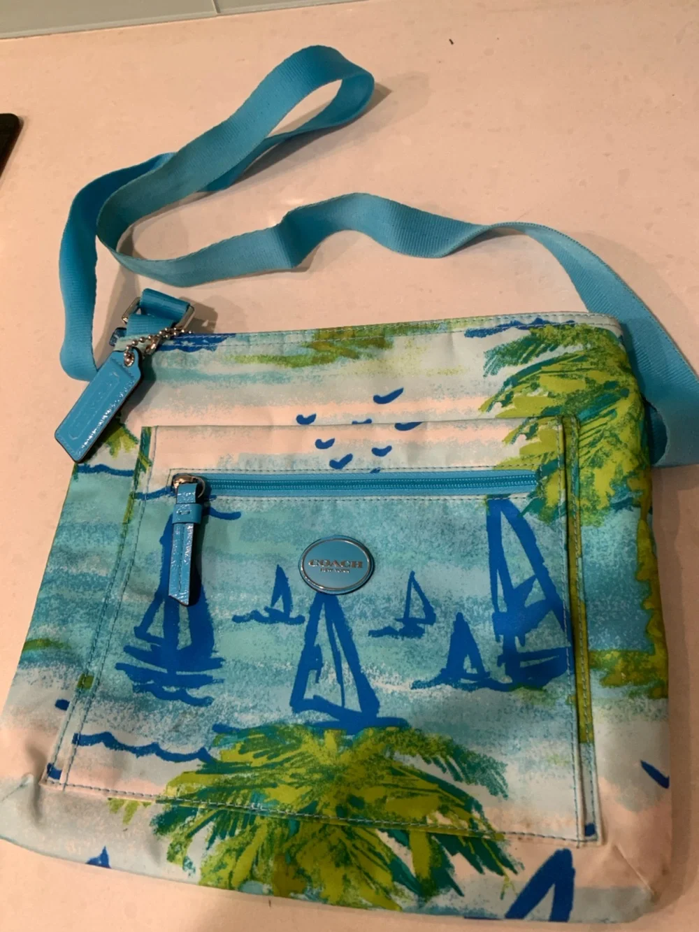 Coach Colorful PalmTrees Sailboats Painted Zip Nylon Crossbody Bag no flaw